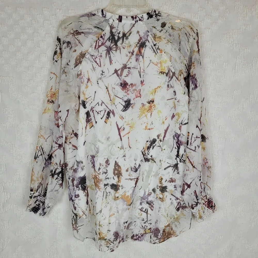 Cabi Goddess Blouse Ivory V-neck multi color long sleeve cuff abstract artsy S - Picture 3 of 10